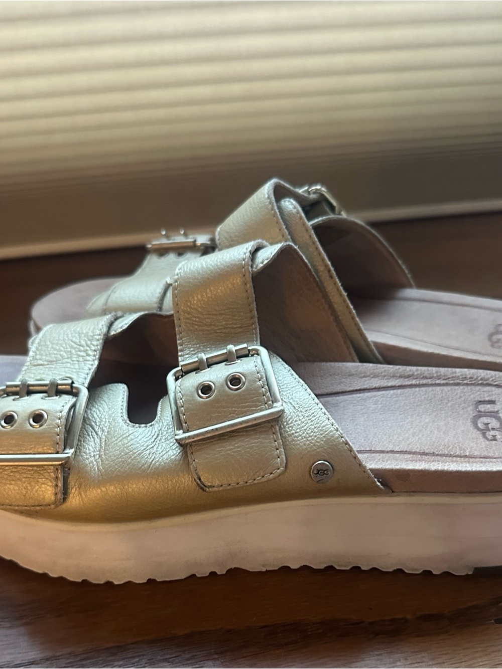 UGG Metallic Gold Double-Buckle Slide Sandals - Picture 2 of 3